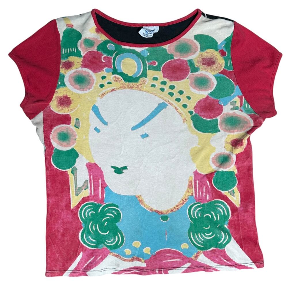 Vintage Y2K Euro Abstract Face Art Print Baby Tee Colorblock Top